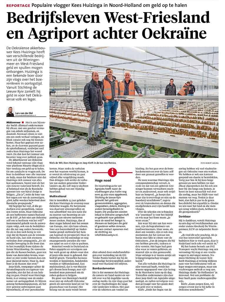 Krantenartikel Noordhollands Dagblad schrijft over bezoek Kees Huizinga aan Noord Holland en grote donatie tijdns event Agro Jobs Holland