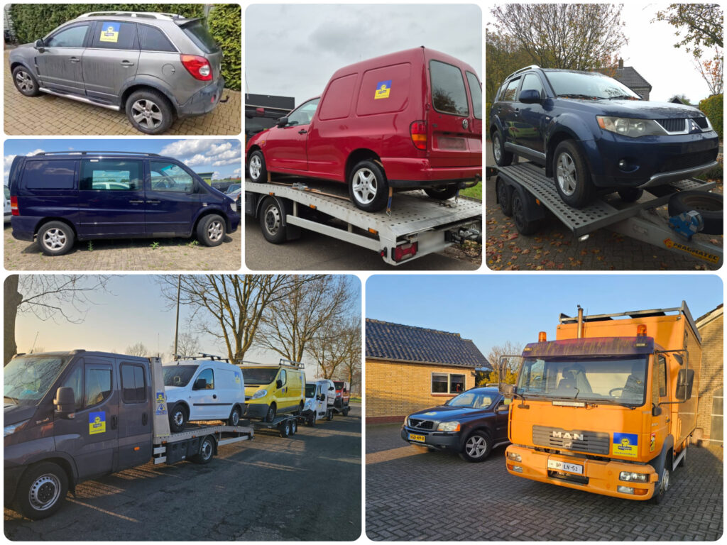 Collage met foto's van Door De Leeuw Kyiv geleverde auto's voor Oekraïne.