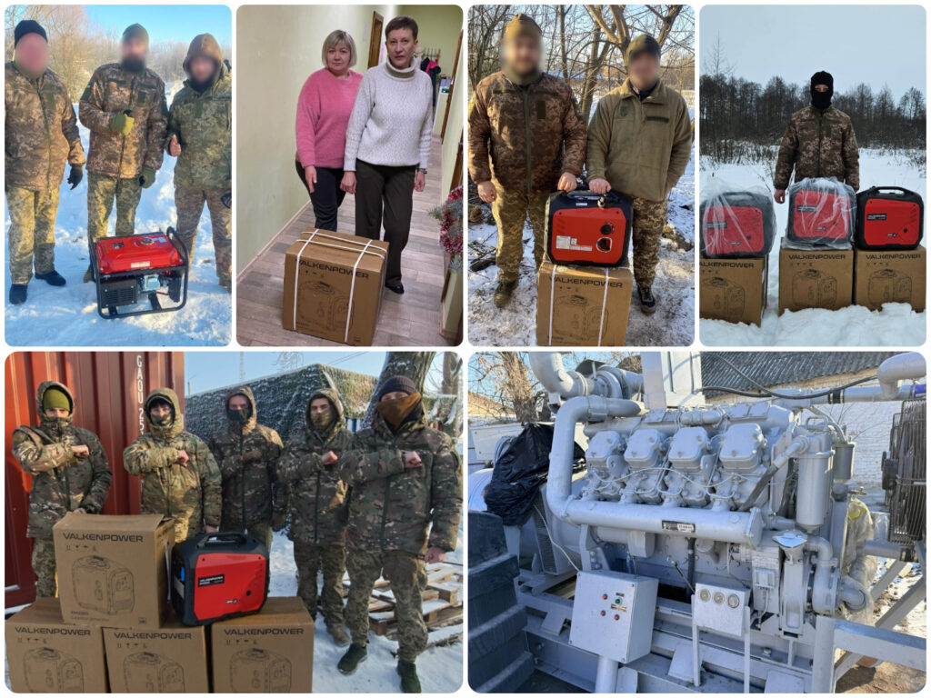 Collage met foto's van Door De Leeuw Kyiv geleverde generatoren.