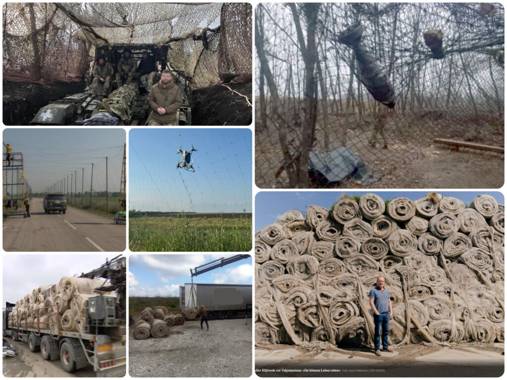 Collage met foto's van Door De Leeuw Kyiv geleverde Anti-dronenetten.