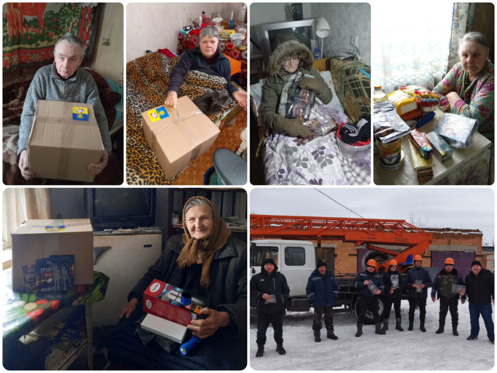 Collage met foto's van Door De Leeuw Kyiv geleverde voedselpakketten en heat packs voor bejaarden en electriciteitsmonteurs
