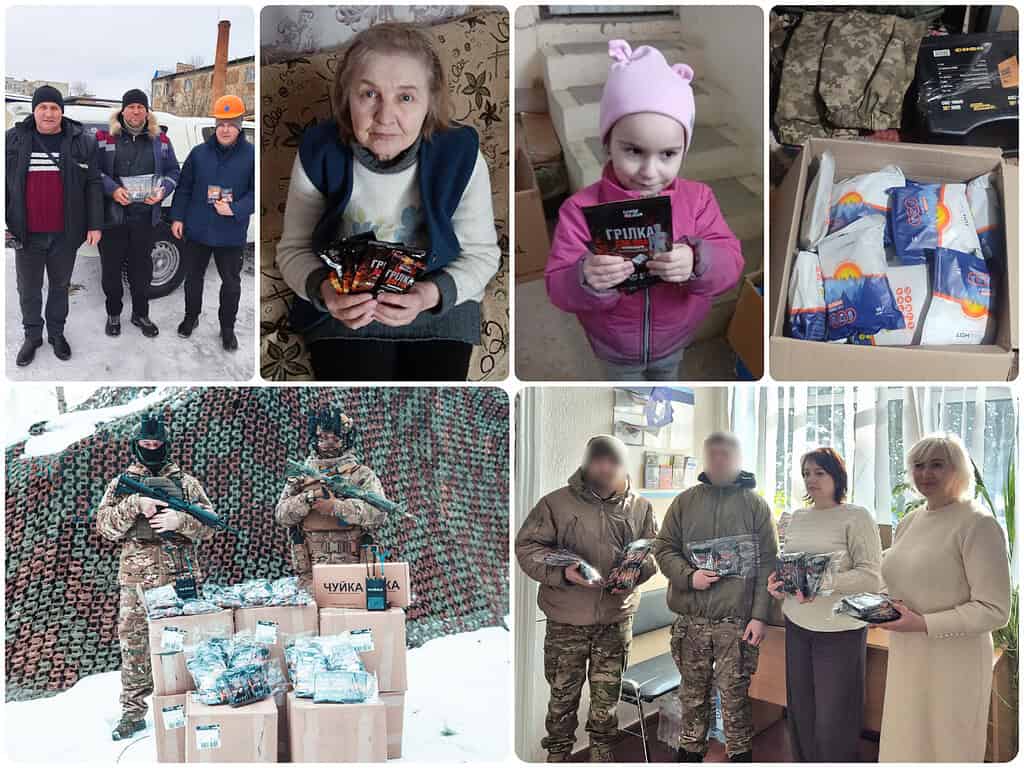 Vrijwilligers en donateurs overhandigen warmtepakken aan Oekraïense families en soldaten.